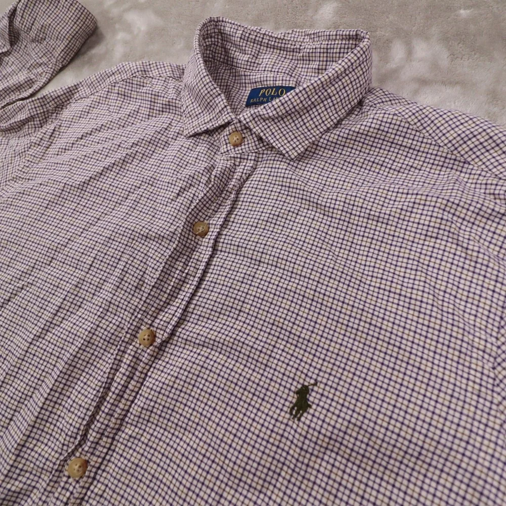 Polo Ralph Lauren Ivory Blue Brown Plaid Slim Fit Long Sleeve Button Up Shirt XL